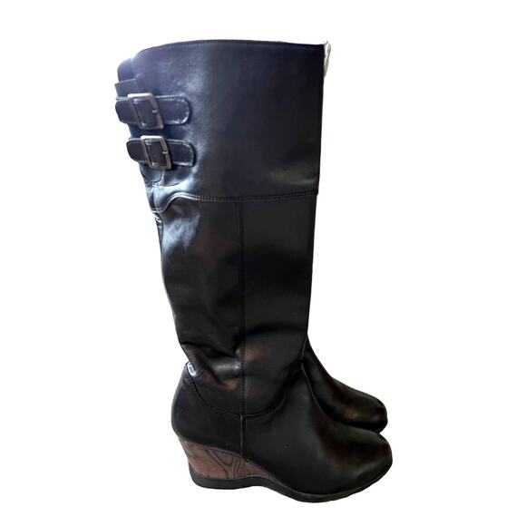 Anthropologie 7 Sanita Leather Wedge Riding Boots Tall Wood Heel COMFORT Black - Picture 2 of 11